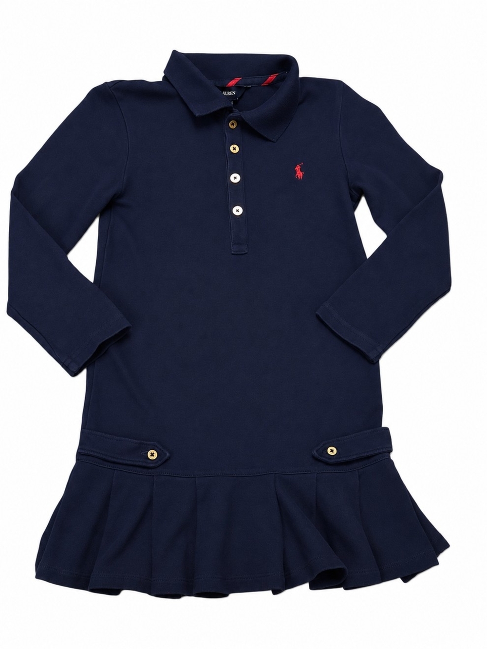 5T Ralph Lauren Navy Long-Sleeve Polo Dress with Red Pony